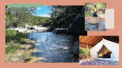 Below, at Rancho Cacachilas, guests can hike along creeks that have re-emerged thanks to the property’s water conservation efforts. Top right, Felipe Geraldo, the chef at El Minero de El Triunfo, prepares a paella over an open fire. Bottom right, a glamping tent in the Palapas Casitas.