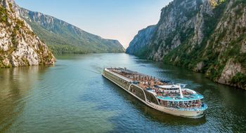 The AmaMagna sailing through the Iron Gates on the Danube on the border of Romania and Serbia.