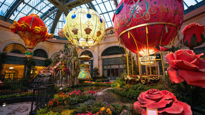 “Higher Love,” on display throughout the summer at Bellagio’s Conservatory & Botanical Gardens, includes seven representations of hot-air balloons.