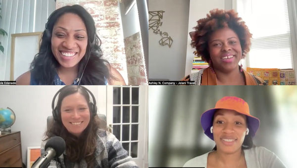 Clockwise from top left: Nicole Edenedo of Travel Weekly; Ashley Company, the owner of Jelani Travel; Martinique Lewis, the creator of ABC Travel Greenbook and the president of the Black Travel Alliance; and host Rebecca Tobin.