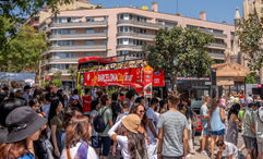 Crowds outside the Sagrada Familia church in Barcelona.