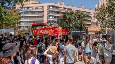 Crowds outside the Sagrada Familia church in Barcelona.