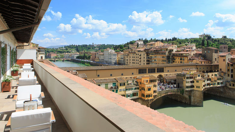 The view from a Superior Suite River View terrace at the Portrait Firenze.