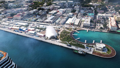 An overhead view of the new arrival terminal at the redeveloped Nassau Cruise Port.