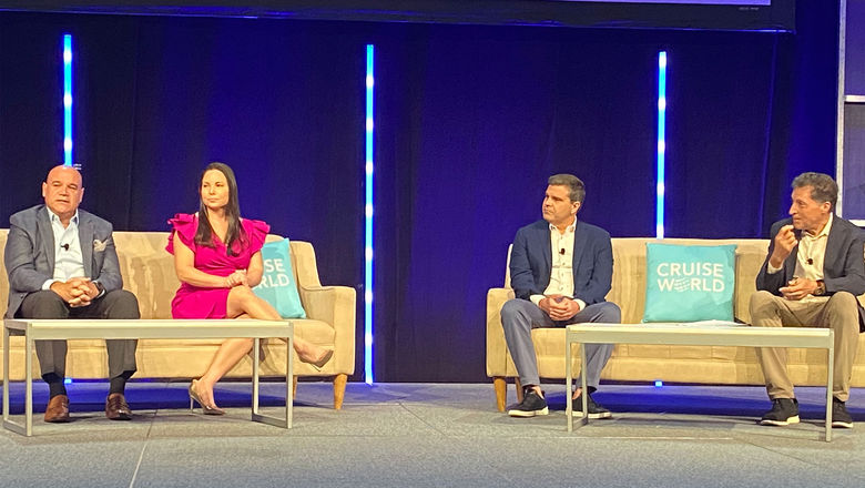 From left, Norwegian Cruise Line president David Herrera, Regent Seven Seas Cruises president Andrea DeMarco, Oceania Cruises president Frank A. Del Rio and Travel Weekly editor-in-chief Arnie Weissmann.