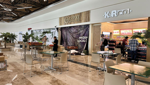 Not many eateries are open at the new Tulum International Airport, but signs promise that there soon will be.