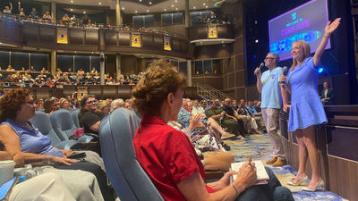 Royal Caribbean International CEO Michael Bayley and senior vice president of sales Vicki Freed address travel advisors on the new Utopia of the Seas.